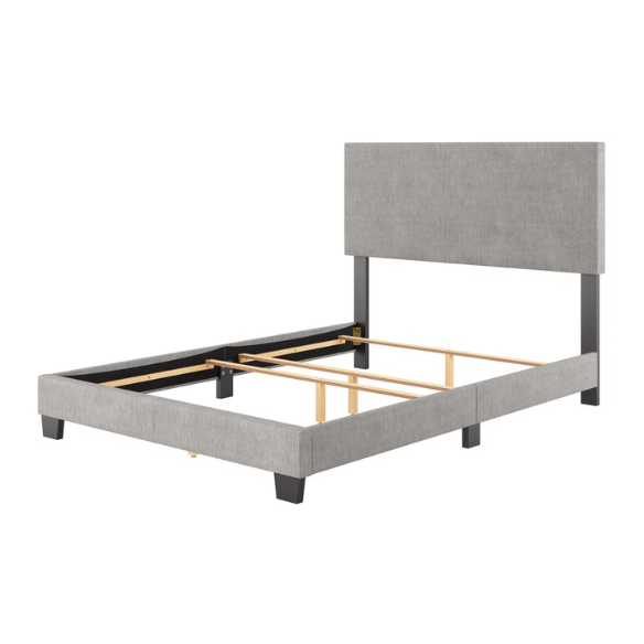 Full-size light grey upholstered bed with soft polyester fabric, tall foam-padded rectangular headboard, and sleek modern design.

