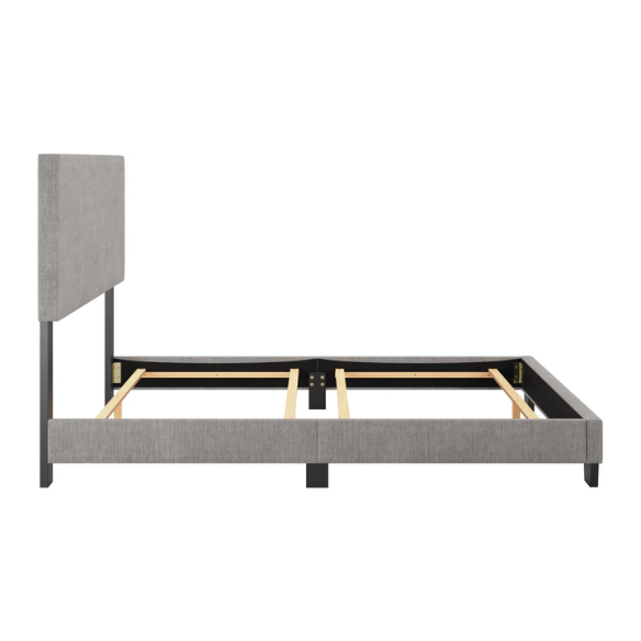 Full-size light grey upholstered bed with soft polyester fabric, tall foam-padded rectangular headboard, and sleek modern design.

