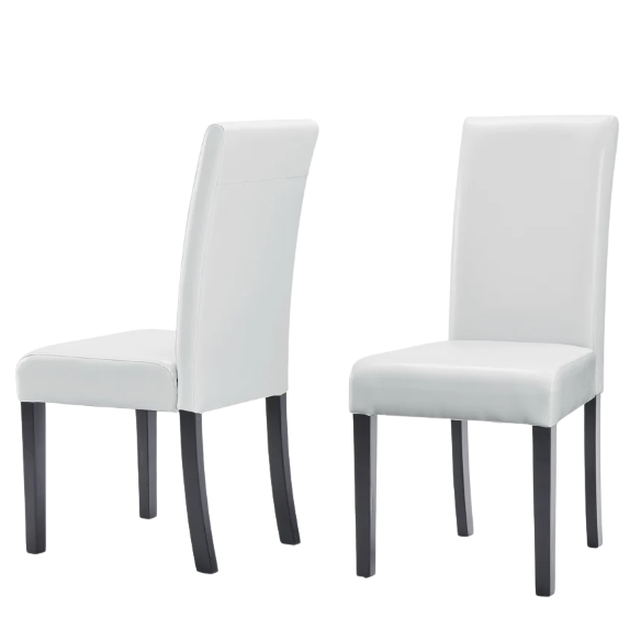 Set of 2 light grey PU leather Parsons dining chairs with cushioned seats and solid wood legs, designed for modern or contemporary dining spaces.

