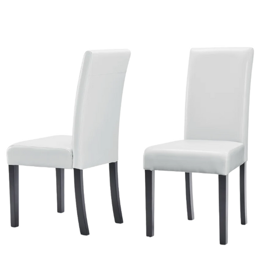 Set of 2 light grey PU leather Parsons dining chairs with cushioned seats and solid wood legs, designed for modern or contemporary dining spaces.

