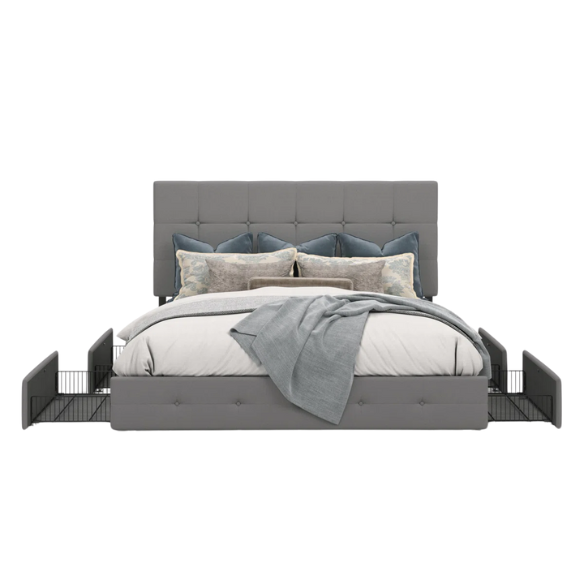 Light grey polyester queen bed with square-tufted adjustable headboard and four underbed storage drawers.

