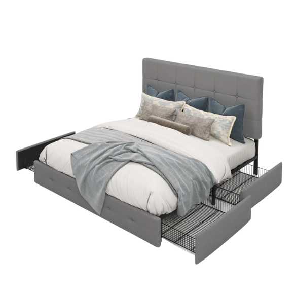 Light grey polyester queen bed with square-tufted adjustable headboard and four underbed storage drawers.

