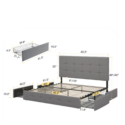 Light grey polyester queen bed with square-tufted adjustable headboard and four underbed storage drawers.

