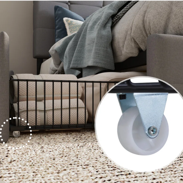 Light grey polyester queen bed with square-tufted adjustable headboard and four underbed storage drawers.

