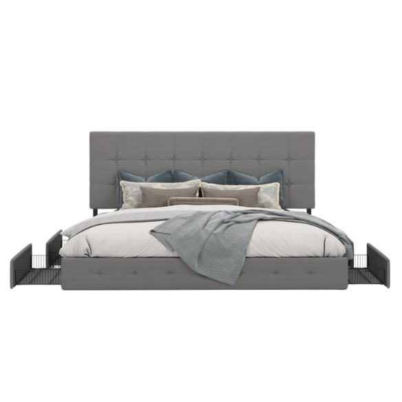 Light grey polyester queen bed with square-tufted adjustable headboard and four underbed storage drawers.


