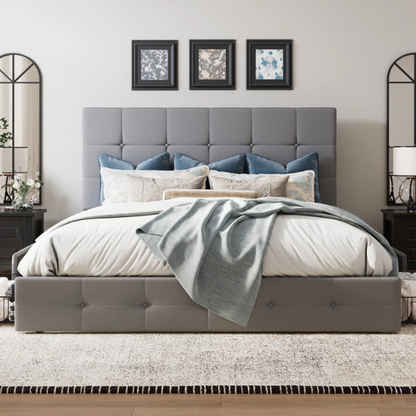 Light grey polyester queen bed with square-tufted adjustable headboard and four underbed storage drawers.

