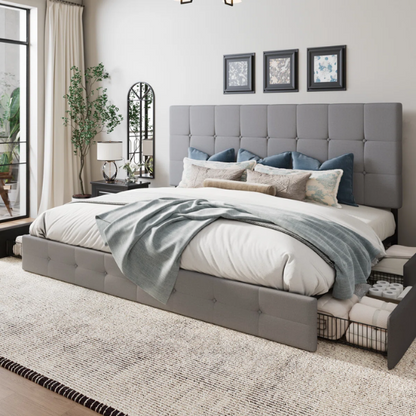 Light grey polyester queen bed with square-tufted adjustable headboard and four underbed storage drawers.

