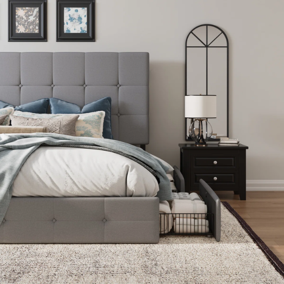 Light grey polyester queen bed with square-tufted adjustable headboard and four underbed storage drawers.

