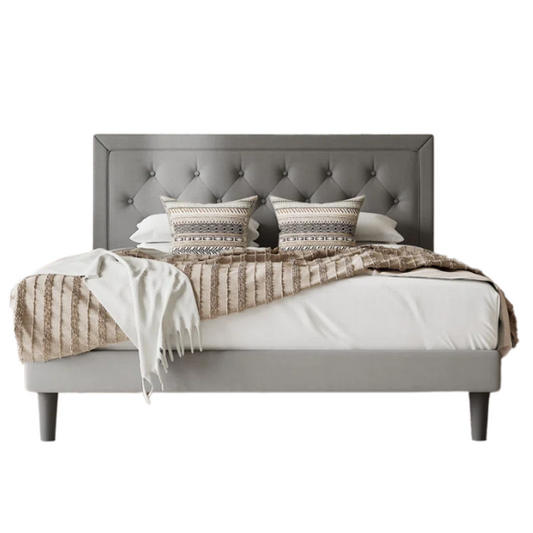 Light grey upholstered queen bed with linen fabric, button-tufted adjustable headboard, and 8-inch underbed clearance for extra storage.

