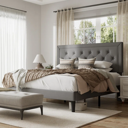 Light grey upholstered queen bed with linen fabric, button-tufted adjustable headboard, and 8-inch underbed clearance for extra storage.

