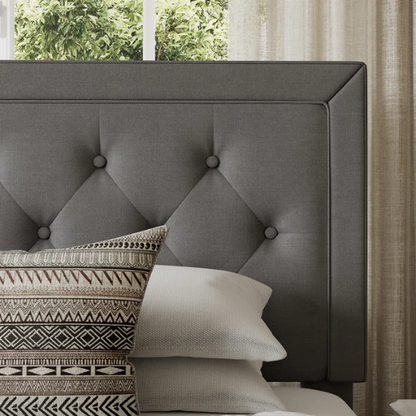 Light grey upholstered queen bed with linen fabric, button-tufted adjustable headboard, and 8-inch underbed clearance for extra storage.

