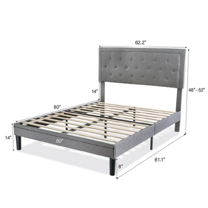 Light grey upholstered queen bed with linen fabric, button-tufted adjustable headboard, and 8-inch underbed clearance for extra storage.


