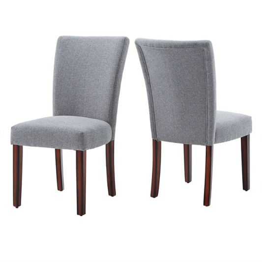 Set of 2 upholstered Parson dining chairs in light grey fabric with espresso-finished wood legs and padded high backs, ideal for dining or accent seating.

