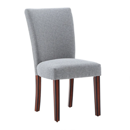 Set of 2 upholstered Parson dining chairs in light grey fabric with espresso-finished wood legs and padded high backs, ideal for dining or accent seating.

