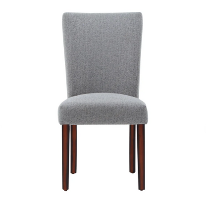 Set of 2 upholstered Parson dining chairs in light grey fabric with espresso-finished wood legs and padded high backs, ideal for dining or accent seating.

