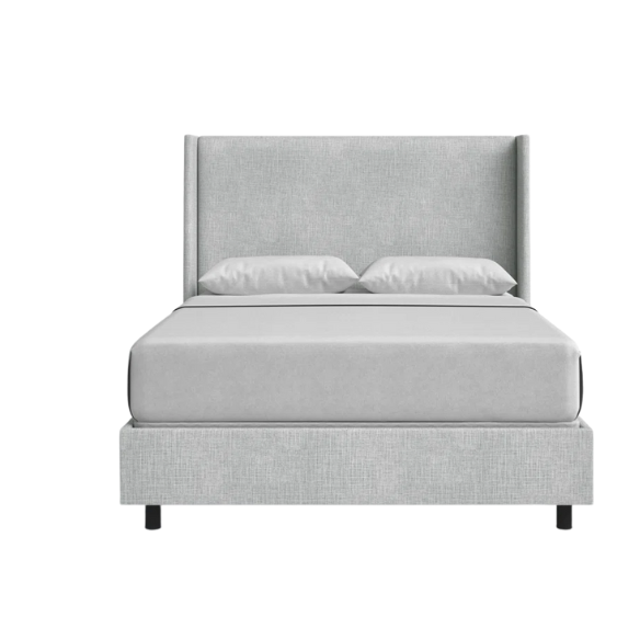 Light natural grey king-size upholstered bed in linen with wingback headboard and black metal legs.

