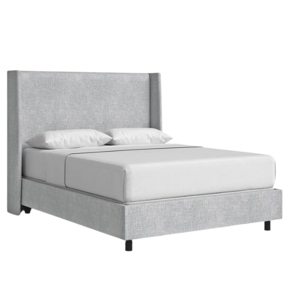 Light natural grey king-size upholstered bed in linen with wingback headboard and black metal legs.


