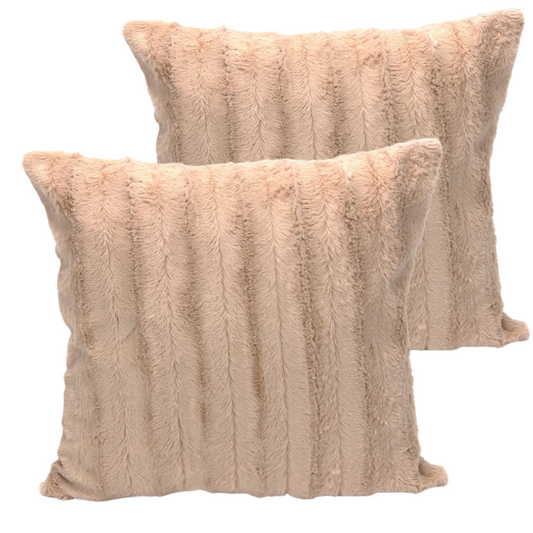 Set of two light tan faux fur throw pillows, 18x18 inches, square decorative cushions with soft microfiber filling—ideal for neutral-toned sofas, beds, and minimalist interiors

