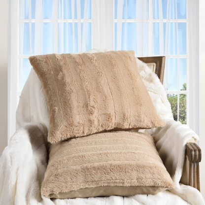 Set of two light tan faux fur throw pillows, 18x18 inches, square decorative cushions with soft microfiber filling—ideal for neutral-toned sofas, beds, and minimalist interiors

