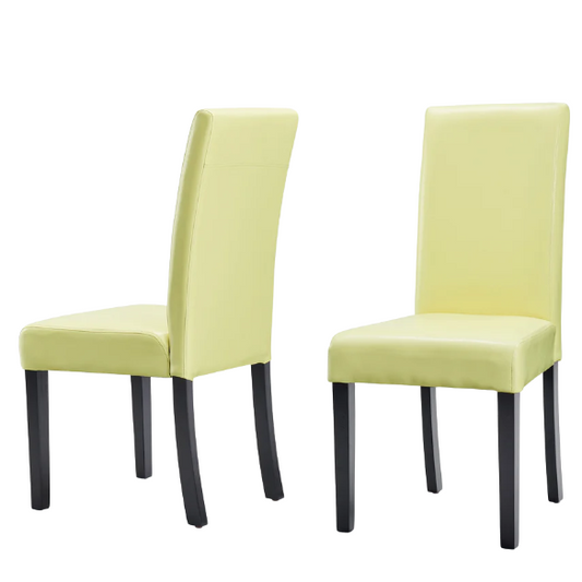 Set of 2 lime green PU leather Parsons dining chairs featuring cushioned seats and solid wood legs, perfect for bold and modern dining room designs.

