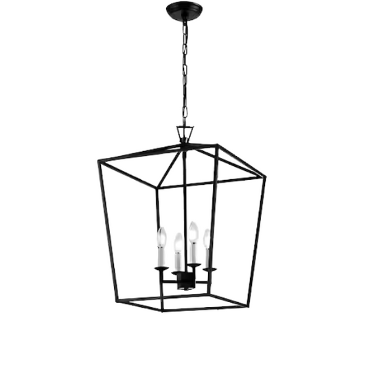 Matte black iron cage chandelier with candle-style lighting, ideal for dining rooms, foyers, and staircases

