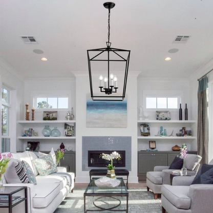 Matte black iron cage chandelier with candle-style lighting, ideal for dining rooms, foyers, and staircases


