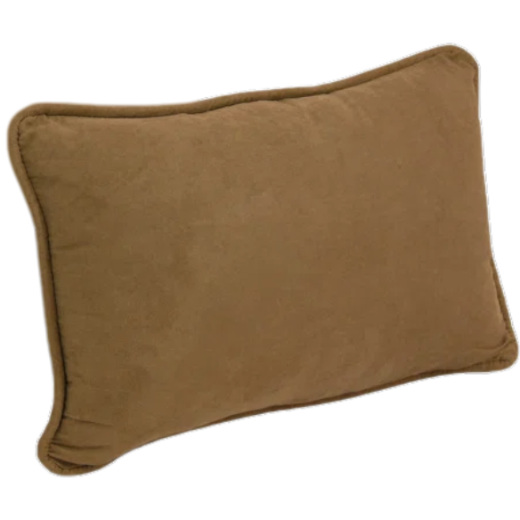 Set of 2 medium brown microsuede lumbar throw pillows with piped edges on couch