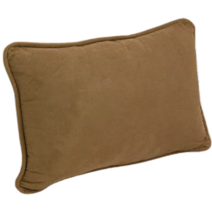 Set of 2 medium brown microsuede lumbar throw pillows with piped edges on couch