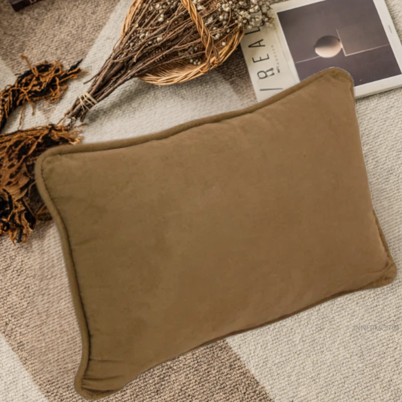 Set of 2 medium brown microsuede lumbar throw pillows with piped edges on couch