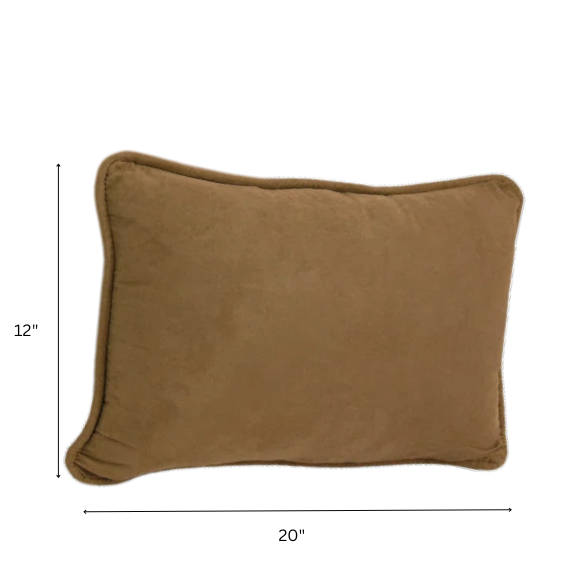 Set of 2 medium brown microsuede lumbar throw pillows with piped edges on couch

