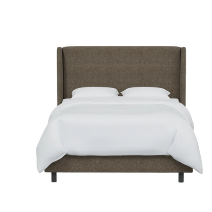 Medium brown king-size upholstered bed in tweed fabric with wingback headboard and low-profile black metal legs.

