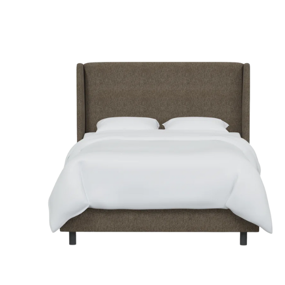 Medium brown king-size upholstered bed in tweed fabric with wingback headboard and low-profile black metal legs.

