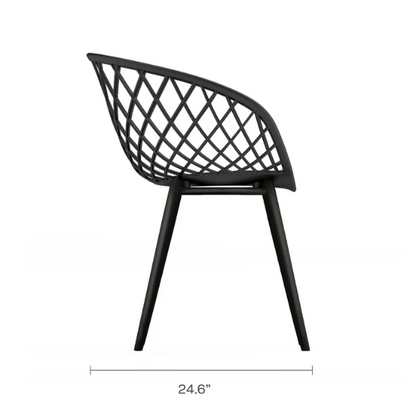 Set of two black mid-century modern chairs with matte plastic seats and angled steel legs.


