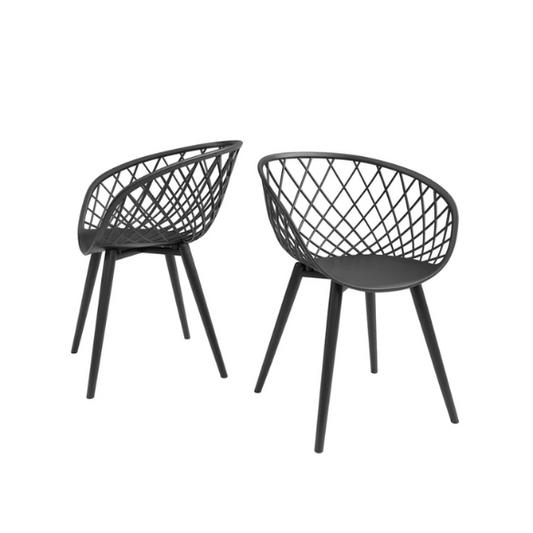 Set of two black mid-century modern chairs with matte plastic seats and angled steel legs.


