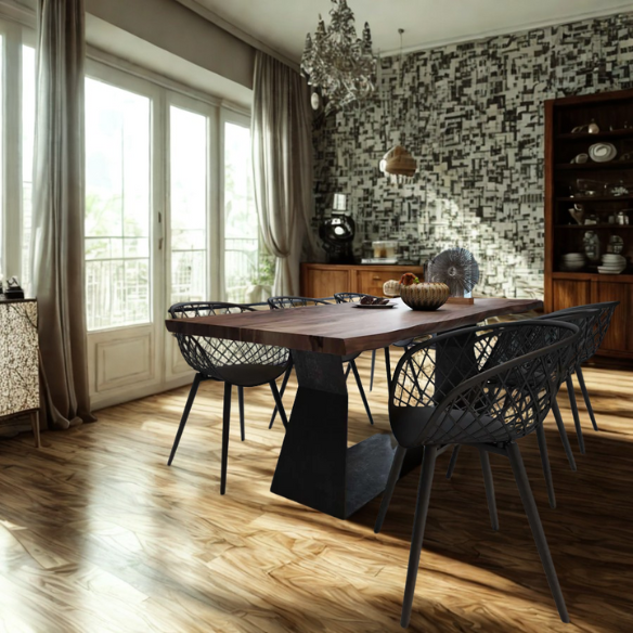Set of two black mid-century modern chairs with matte plastic seats and angled steel legs.

