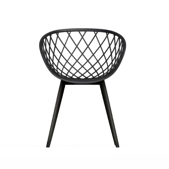 Set of two black mid-century modern chairs with matte plastic seats and angled steel legs.

