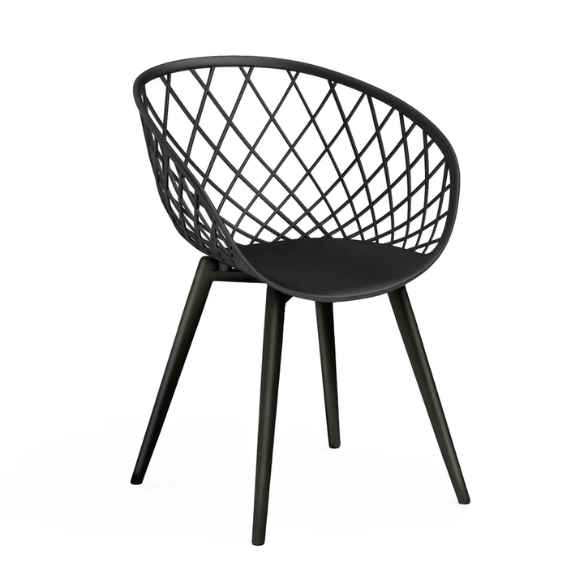Set of two black mid-century modern chairs with matte plastic seats and angled steel legs.

