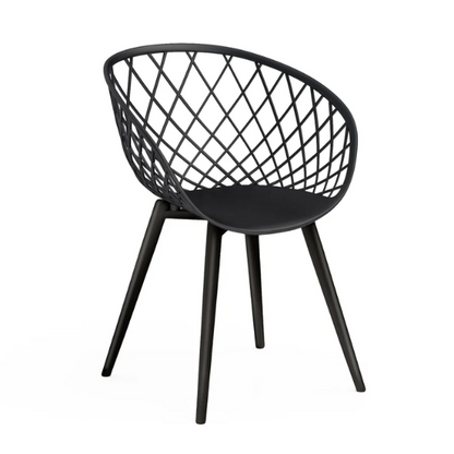 Set of two black mid-century modern chairs with matte plastic seats and angled steel legs.

