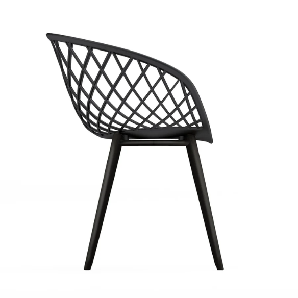 Set of two black mid-century modern chairs with matte plastic seats and angled steel legs.

