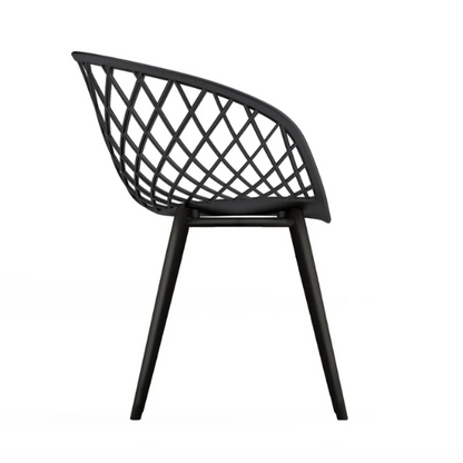 Set of two black mid-century modern chairs with matte plastic seats and angled steel legs.

