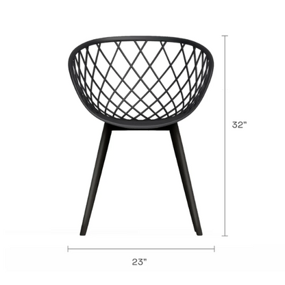 Set of two black mid-century modern chairs with matte plastic seats and angled steel legs.

