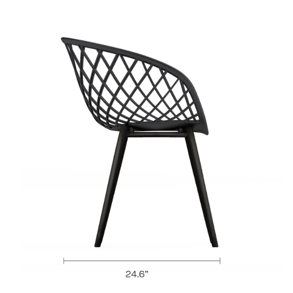 Set of two black mid-century modern chairs with matte plastic seats and angled steel legs.

