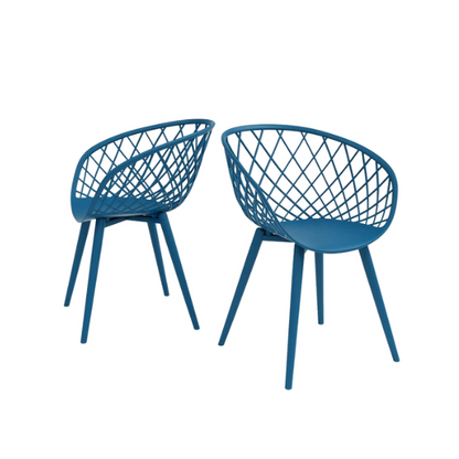 Set of two matte blue mid-century modern dining chairs with molded plastic seats and angled steel legs.

