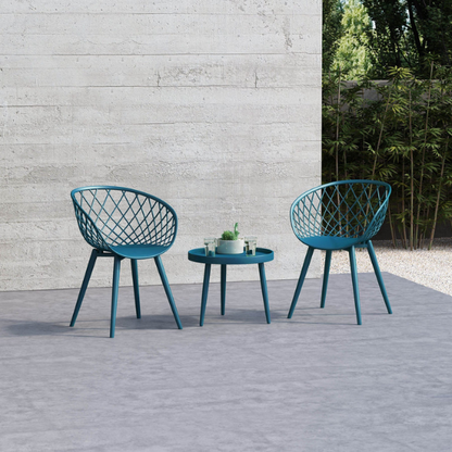 Set of two matte blue mid-century modern dining chairs with molded plastic seats and angled steel legs.


