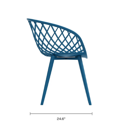 Set of two matte blue mid-century modern dining chairs with molded plastic seats and angled steel legs.

