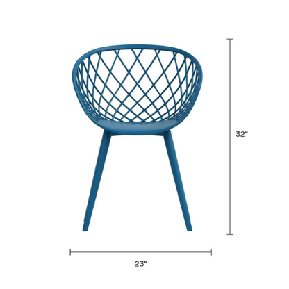 Set of two matte blue mid-century modern dining chairs with molded plastic seats and angled steel legs.

