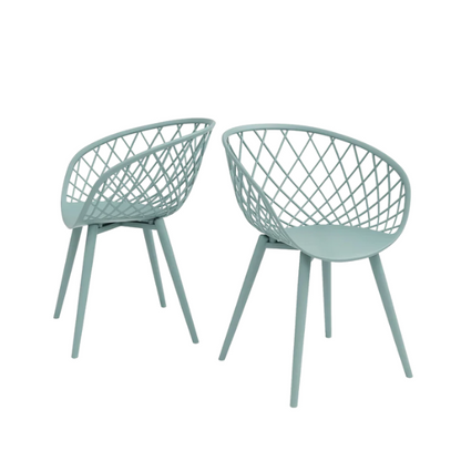 Set of two light blue mid-century modern dining chairs with molded plastic seats and black metal legs.

