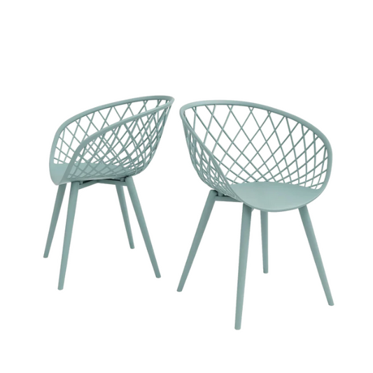 Set of two light blue mid-century modern dining chairs with molded plastic seats and black metal legs.

