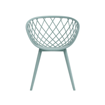 Set of two light blue mid-century modern dining chairs with molded plastic seats and black metal legs.

