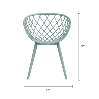 Set of two light blue mid-century modern dining chairs with molded plastic seats and black metal legs.

